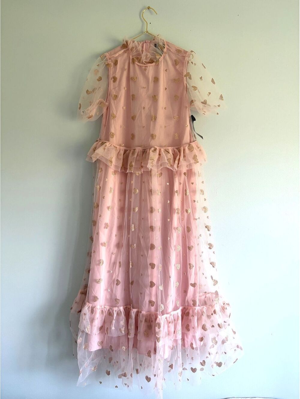 NWT Sister Jane Pink Mesh Dress with Gold Heart Details Size S